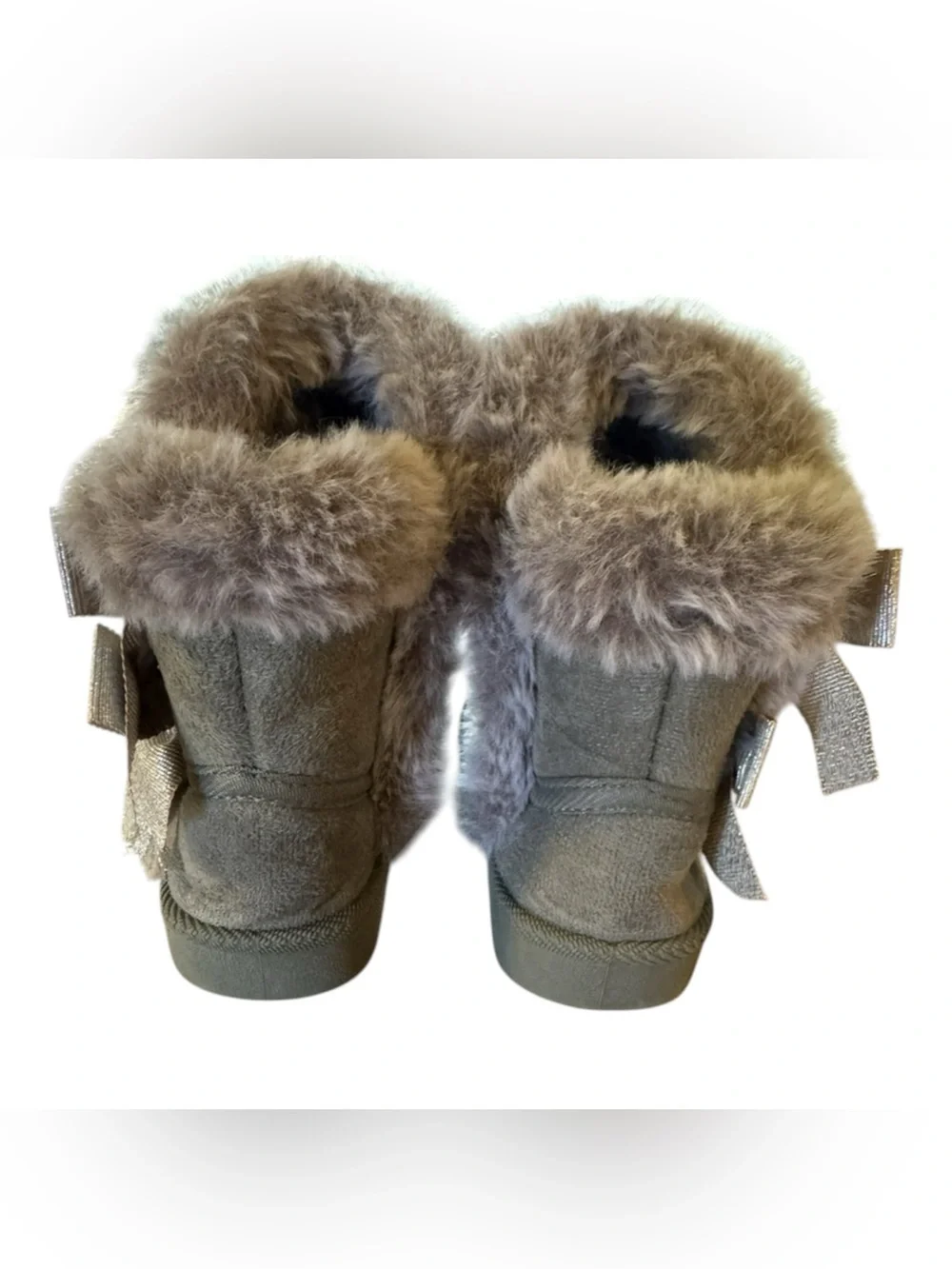 Baby Girl Faux Fur Bow Grey Booties Size 3 Cozy